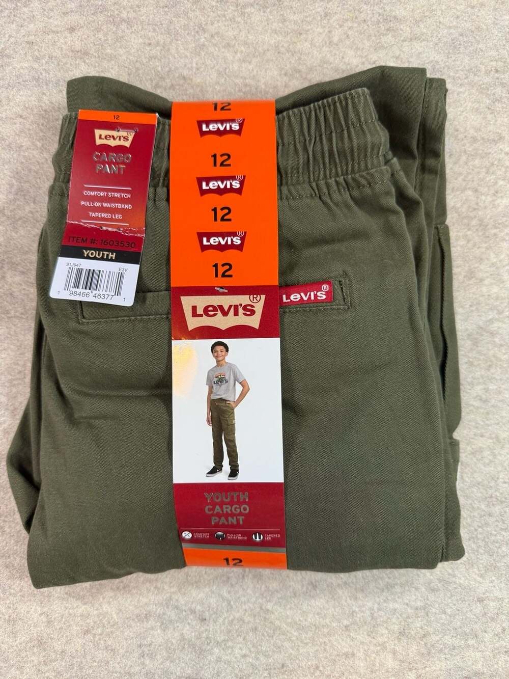 Levi's Youth Cargo Pant Size 12 Green Comfort Stretch Pull-On Tapered Leg New